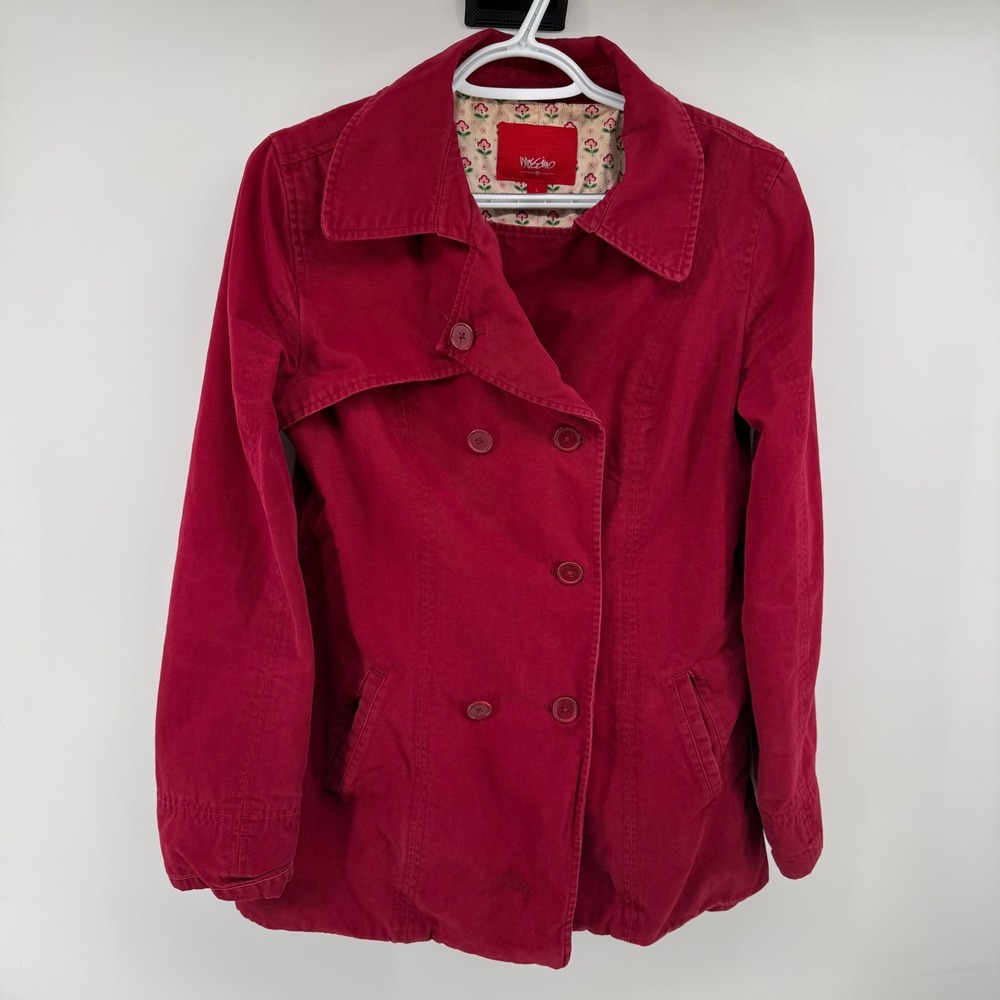 Y2K Mossimo Womens Red Cotton Canvas Double Breasted Pea Coat Floral Lining L